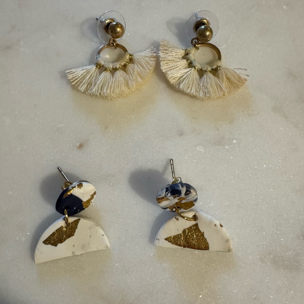 Elegant Cream, Gold, and Navy Earrings Set